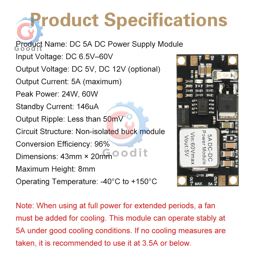 5A DC-DC Step Down Converter 6.5-60V to 5V/12V Power Supply Module 96% Efficiency Buck Module with Reverse Polarity Protection