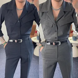 Mens Suit Sets Casual Waffle Texture Cargo Pocket Shirt Simple Solid Slim Fit Trousers Banquet Party Wear Casual Men's Suit Sets