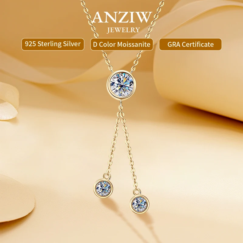 

Anziw 1.6cttw 6.5mm Moissanite Pendant Necklace for Women Bubble Crown Clover Tassel Y Shaped Necklaces 925 Silver Chain Jewelry