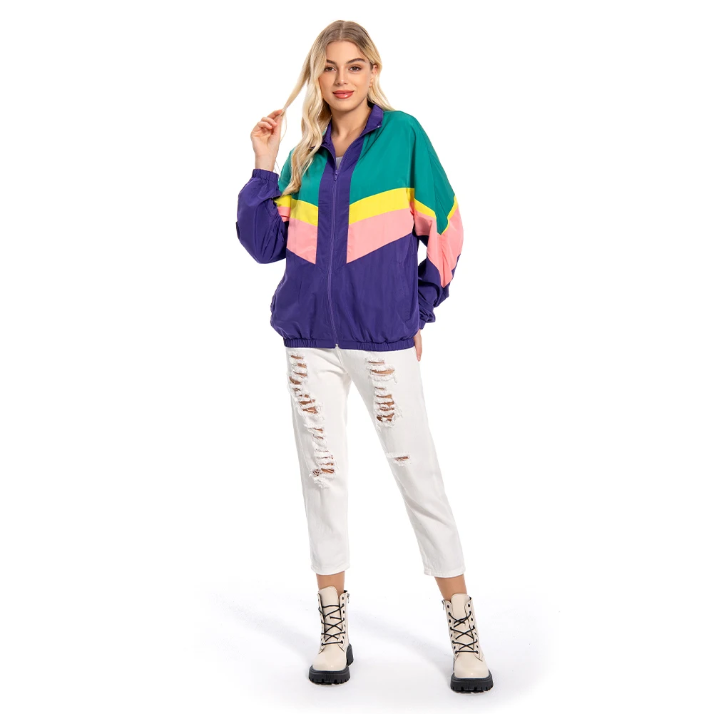 Women 80s 90s Retro Vintage Colorful Jacket Coat Female Adult Hip Hop Cosplay Tracksuits Halloween Carnival Party Costume