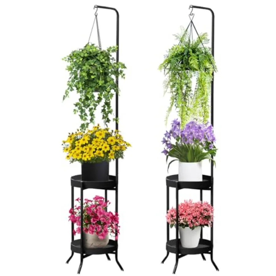 

2Pcs Hanging Plant Stand Indoor Outdoor Space-Saving Corner Metal Plant Shelf 3 Potted Flower Pot Stand 2 Tier 61" Tall Modern