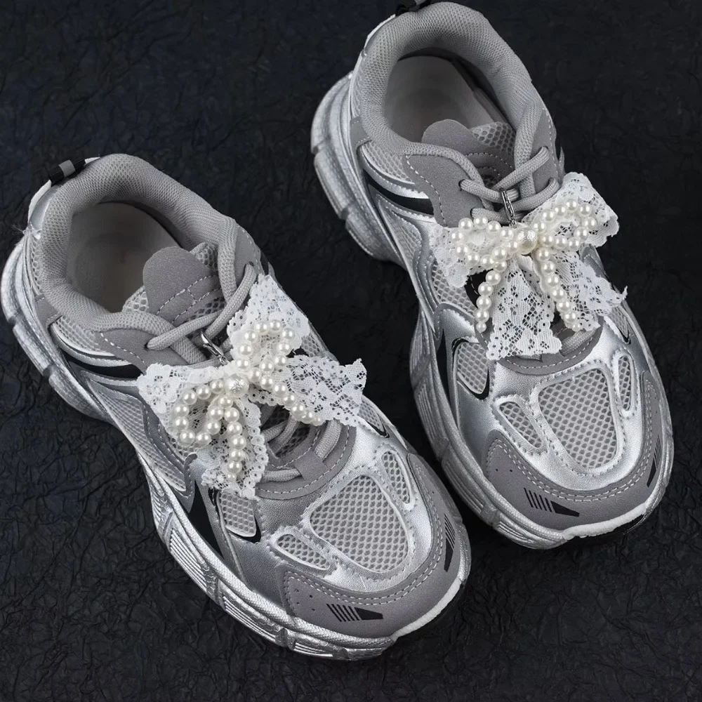 1 Pc Fashion Lace Shoe Flower Buckle Pearl Bow DIY Shoe Fashion Charm Accessories Bag for Sneakers Decorative
