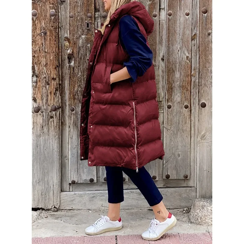 Chaleco grueso y cálido para mujer, Chaqueta larga sin mangas con capucha y cremallera, parka informal para invierno