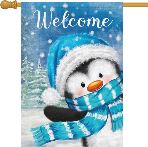 Welcome Winter House Flag 28X40 Double Sided, Burlap Large Snow Penguin Garden Y 313055715721 AAV hhz