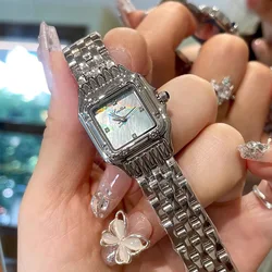 New Square Steel Strip Small Dial Colorful Mother of Pearl Face Rhinestone Women's Watch Elegant Business Quartz Watch