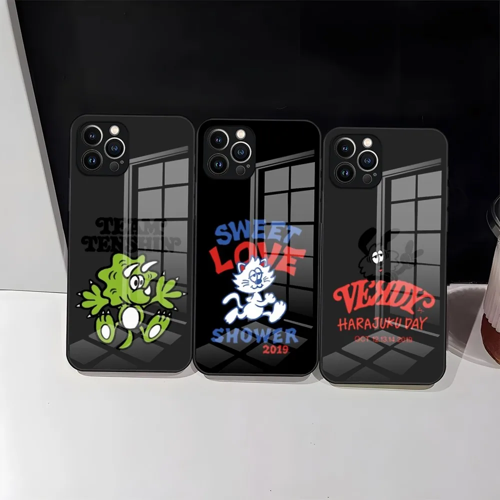 Cartoon VERDY HARAJUKU Phone Case for iPhone 15 Pro 12 14 11 13 Mini X XR XS Max 8 7 6 Plus SE 2020 Glass Design Back Cover