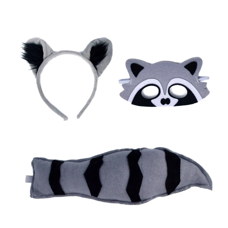 3Pcs Raccoon Costumes for Boys Girls Cosplay Raccoon Ears Headband Tail Eyemask Animal Fancy Costume Accessories