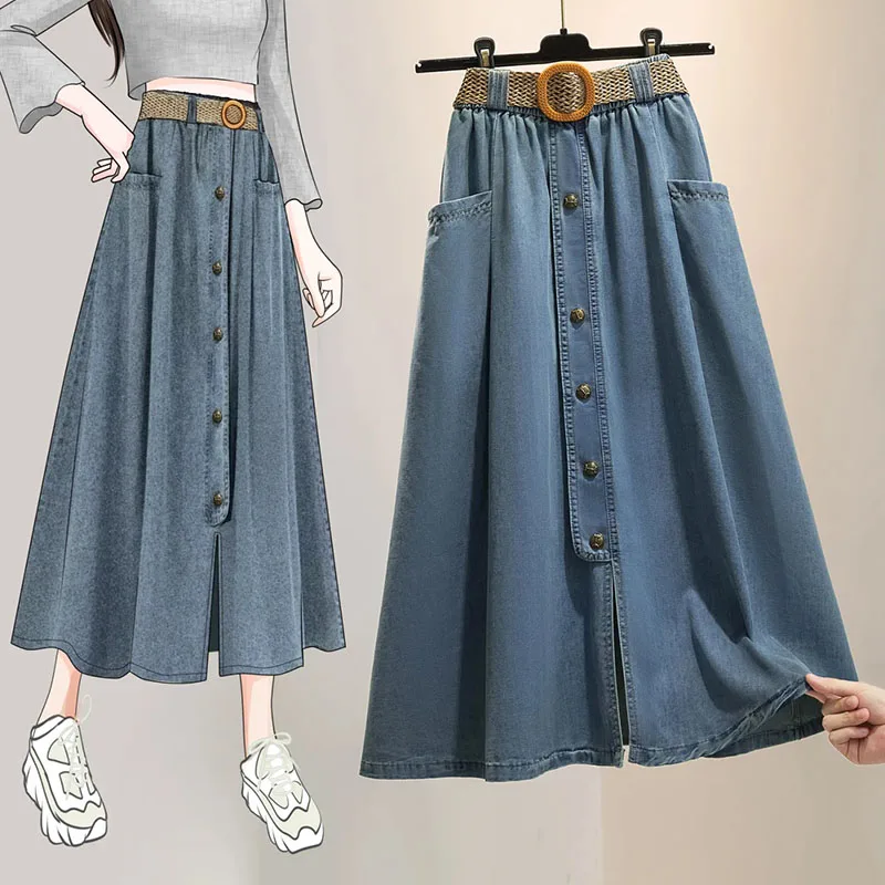 Summer Oversized Womens Retro A-line Denim Half Skirt Thin High-waist Long Skirts Female Casual Denim Skirts Single Breasted 4XL