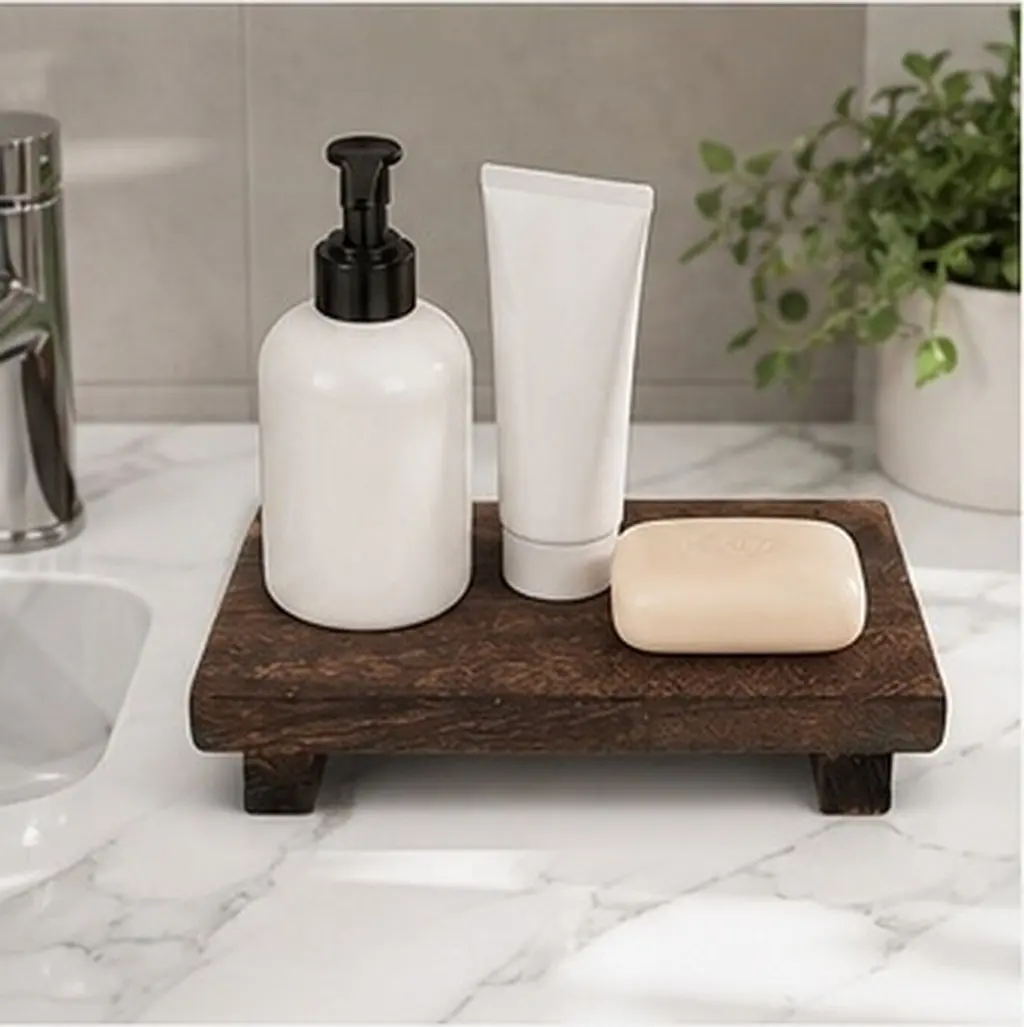Rustic Wood Pedestal Stand Versatile Soap Tray Bathroom Organizer Kitchen Counter Display Riser Plant Vase Sculpture Stand