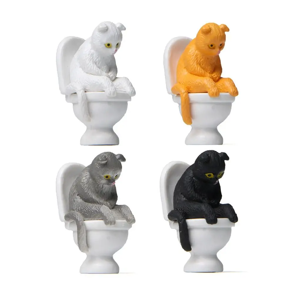 Mini Toilet Seat Cat Model Unique PVC Sitting on Toilet Kitten Desktop Decoration Toy Gift Micro Landscape Bonsai Ornament