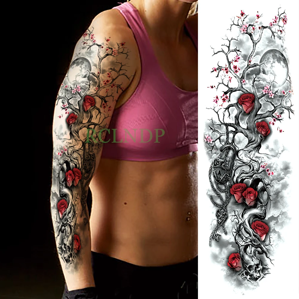 Etiqueta de tatuagem temporária impermeável, Rose Plum Blossom, tatuagens falsas de braço completo, tatuagem flash, manga, tamanho grande, homens,