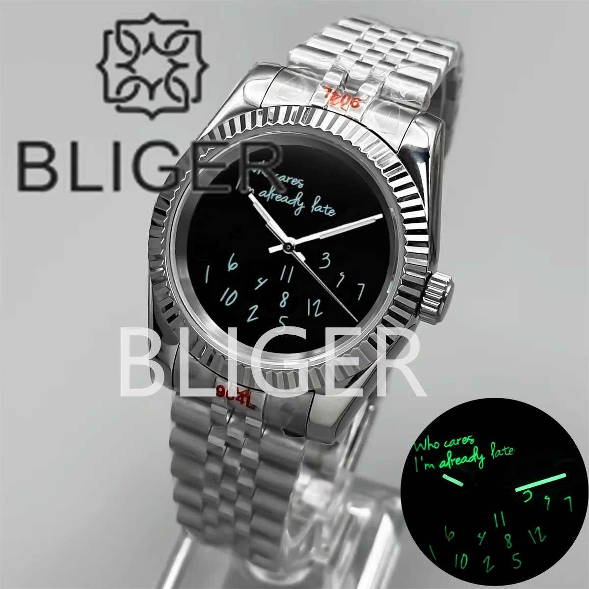 BLIGER 36mm39mm NH35 นาฬิกาผู้ชาย WHO Cares IM แล้วสายนาฬิกา Blue Text Dial สีเขียว Luminous Sapphire Glass 10bar กันน้ํา