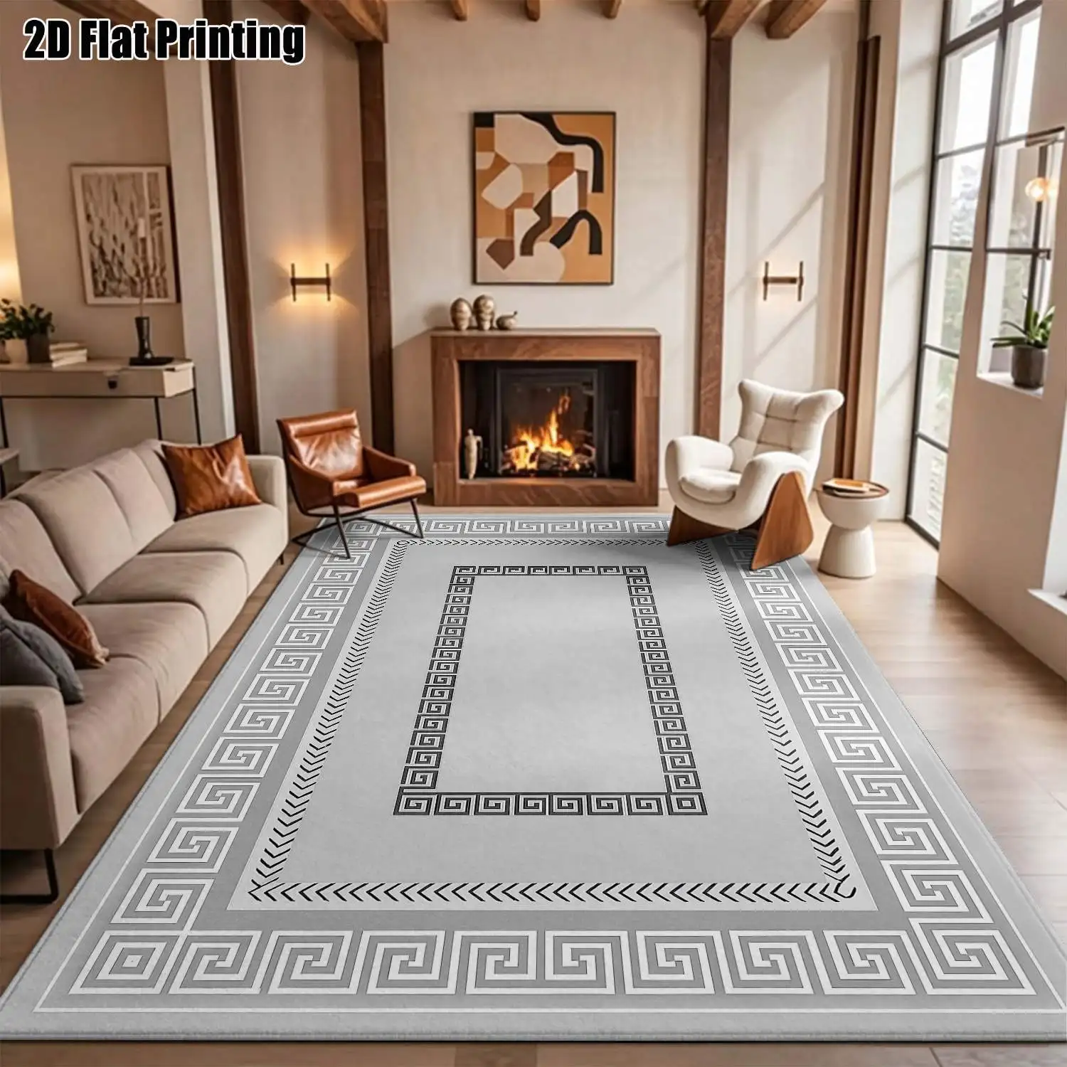 1Pc 2D Printed Grey-White Geometric Pattern Carpet: European Retro Modern Minimalist Style, Machine Washable, Multi-Size, Suitable for Home Decoration as Entrance, Foyer, Living Room, Bedroom, Dining Room Mat