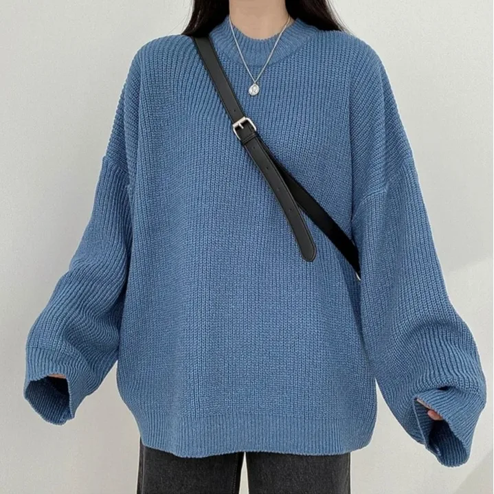 Elegancki sweter na jesień i zimę, swobodny, podstawowy, dzianinowy, luźny krój, wkładany przez głowę, uniwersalny top dla młodszej wyglądającej postaci.