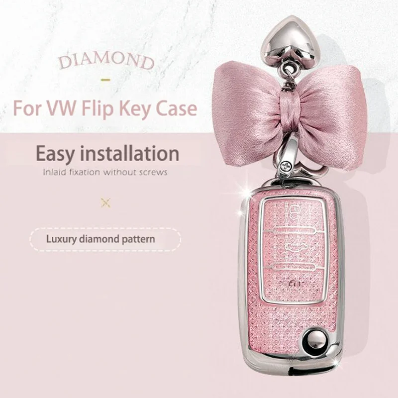 

Luxury Diamond Pattern TPU for Volkswagen Golf MK6 Polo Beetle Tiguan Touran Passat Caddy Jetta Eos Flip Fold Car Key Case Cover