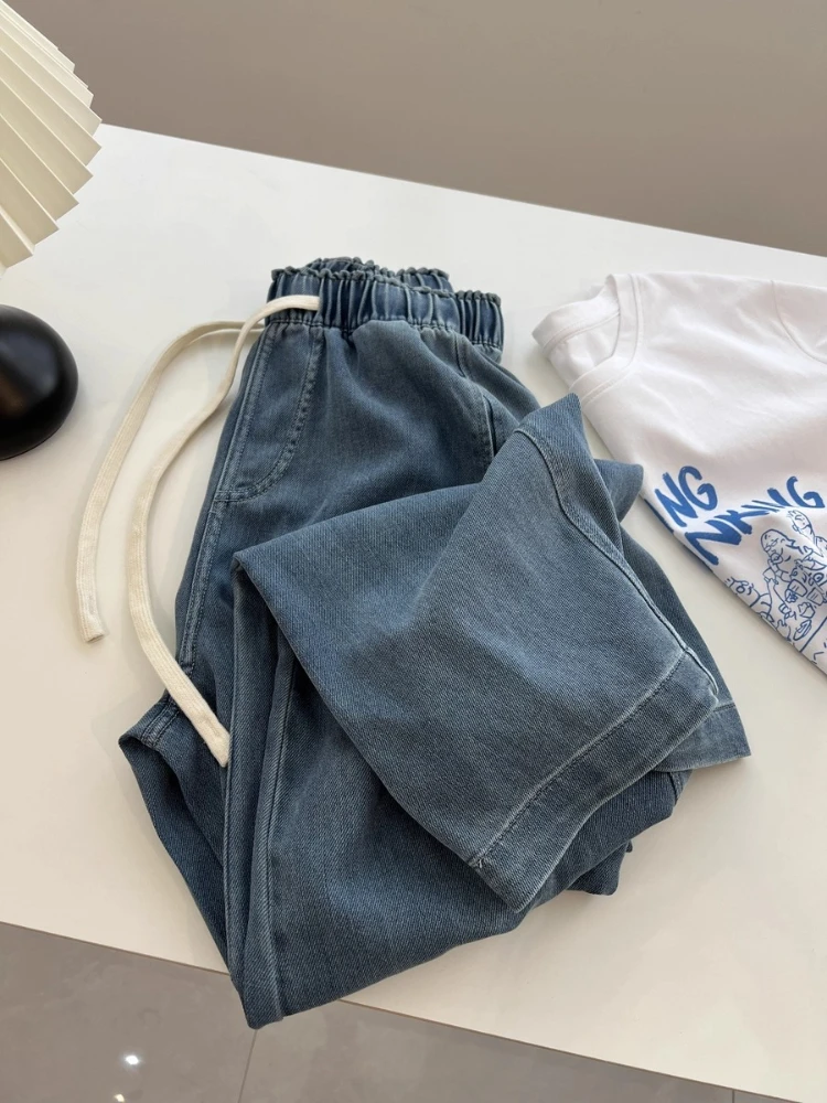 Spring Autumn Student For Daily Japanese Draped Women Denim Straight Pants Elastic Waist Drawstring Loose Lazy Casual Trousers