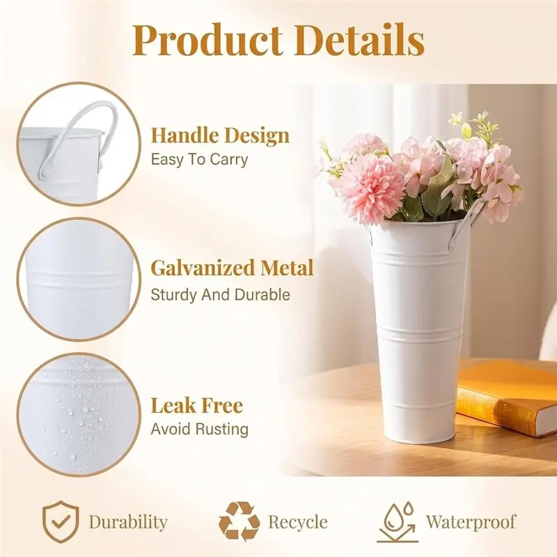 IALJ-Galvanized Metal Flower Bucket 8-Pack 11X23x7.5Cm White Vintage Farmhouse Style High-Zinc Coating, Weather-Resistant& Rust-