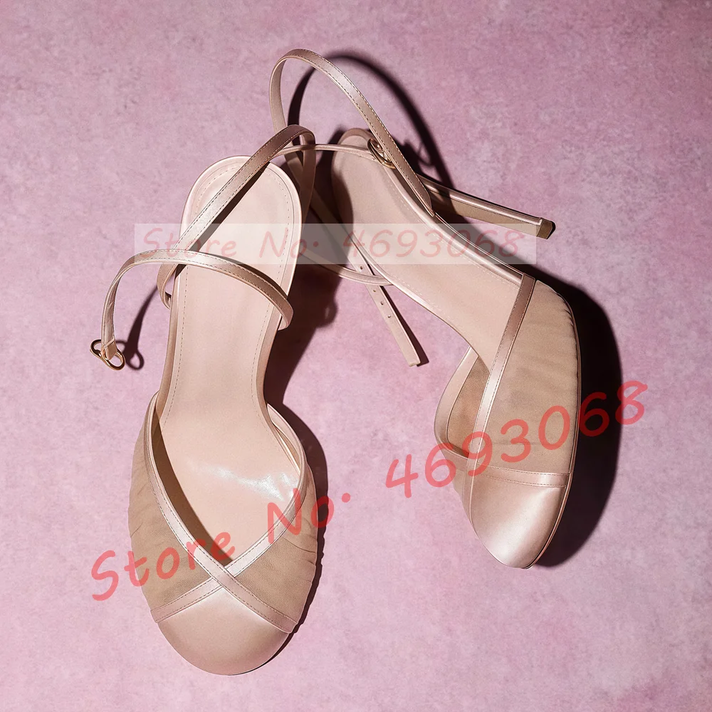 

Round Toe Tulle High Heels Sandals Women Trendy Summer Breathable Ankle Strap Shoes Party Sweet Mesh Patchwork Stiletto Sandals