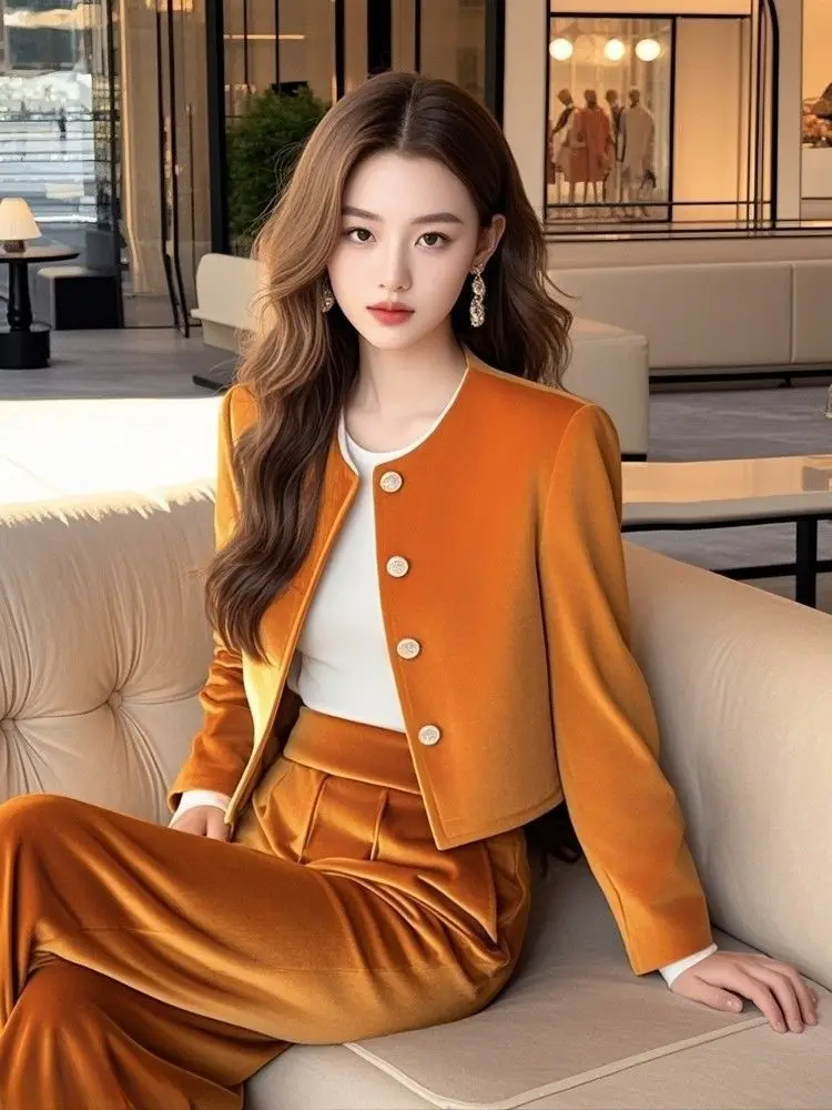 2025 Spring Fall Women Orange Wide Leg High Waisted Velvet Pants Coat Set , Woman Fashion Clothing Velour Trousers Coats Sets