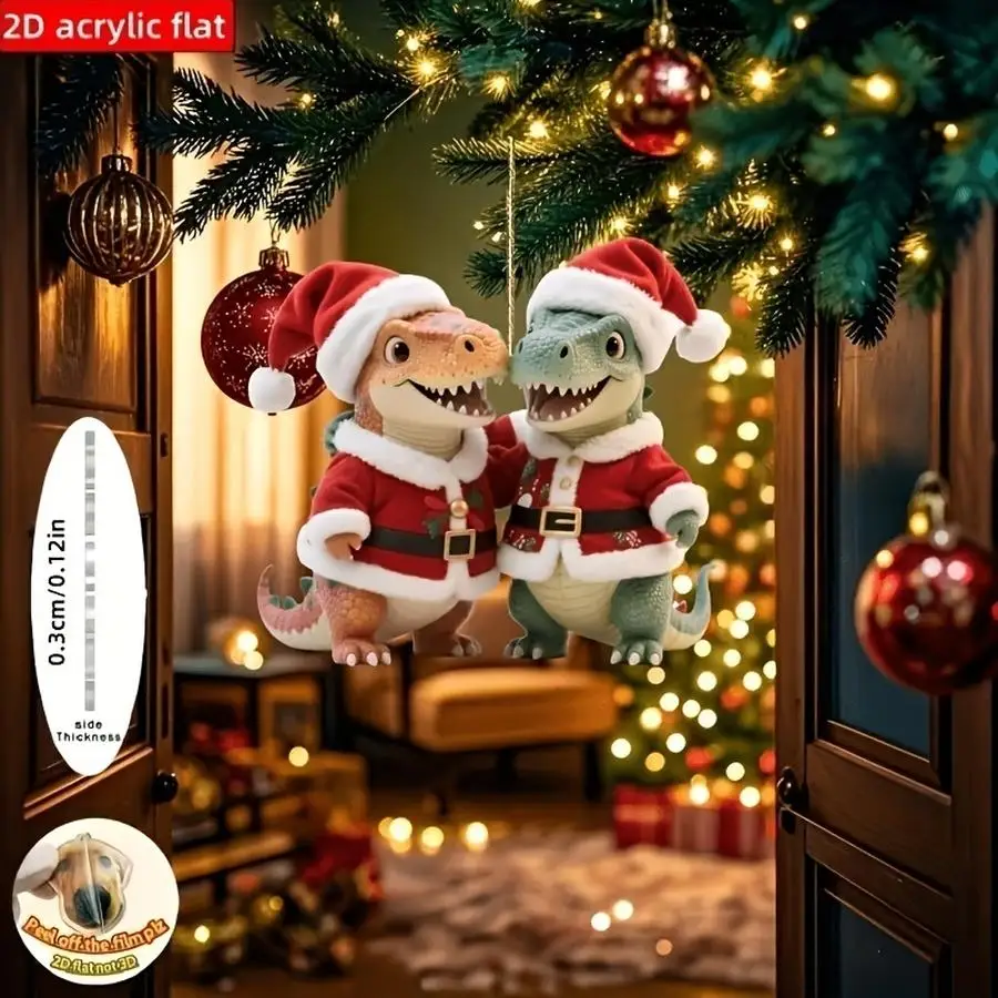 1/5/10/20/50/100pcs 2D Flat Dinosaur Christmas Ornament, 1 piece - Beautiful decoration featuring two dinosaurs hugging, with a