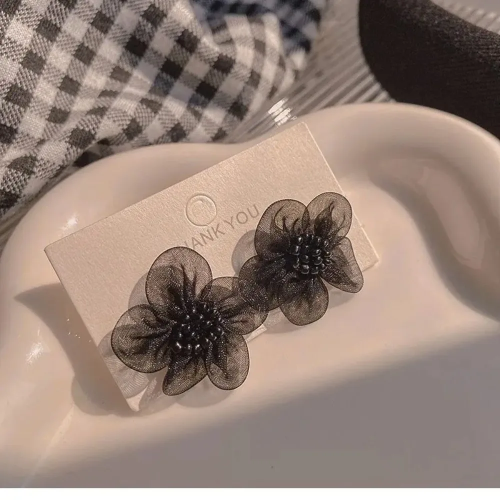 Vintage Korean Fashion Black Flower Bud Earrings For Women Jewelry New Trending Autumn Winter French Women's Lace Earrings Gifts