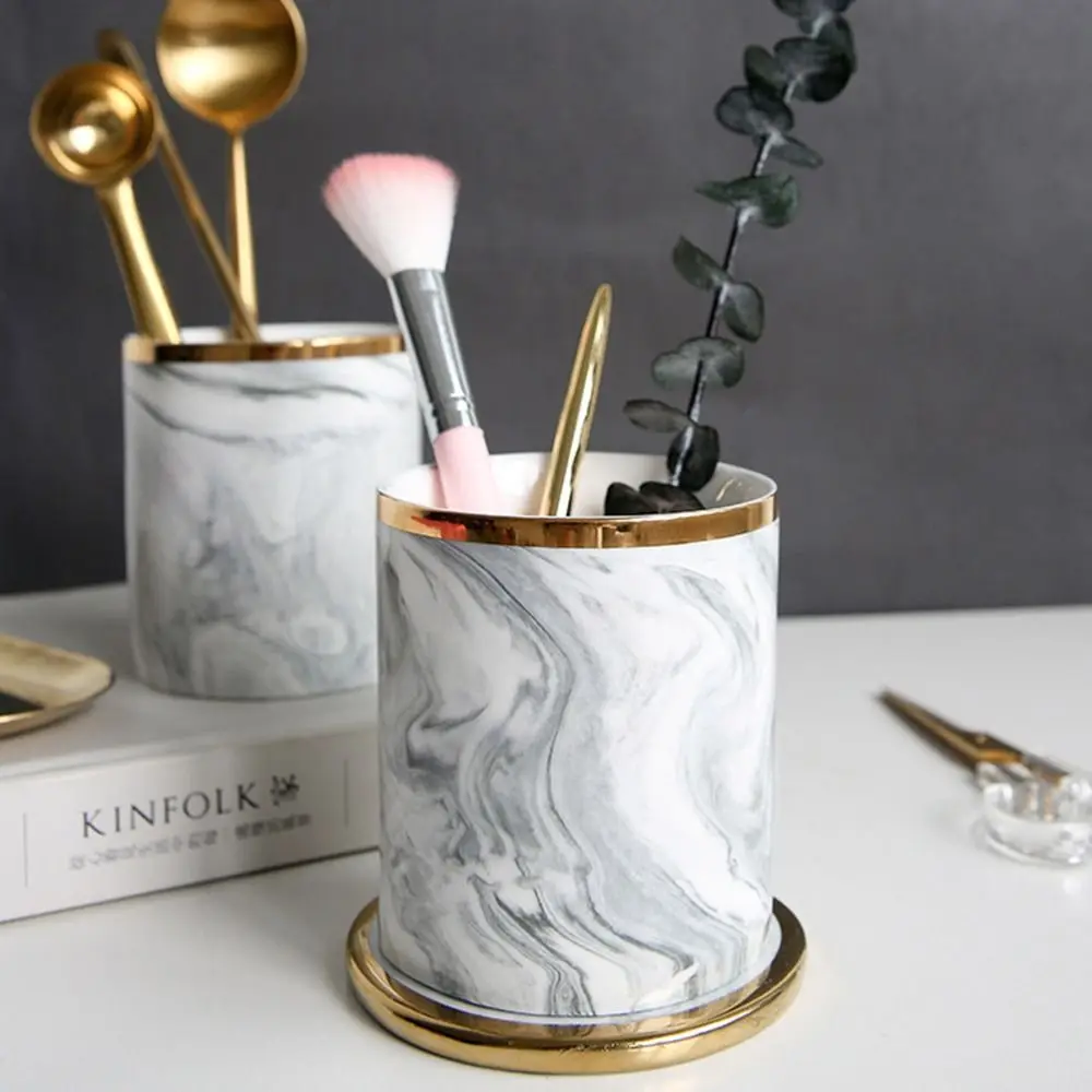 Marble Ceramic Pen Holder Smooth Finish European Style Desktop Organizer Non Slip Golden Pink Pencil Cup