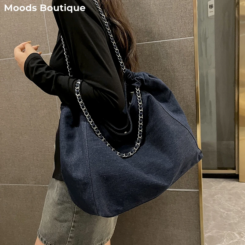 Chic Style Big Chain Shoulder Tote Bags For Women 2023 Luxury Designer Handbags Denim Fabric Pure Color Large Capacity Shoppers