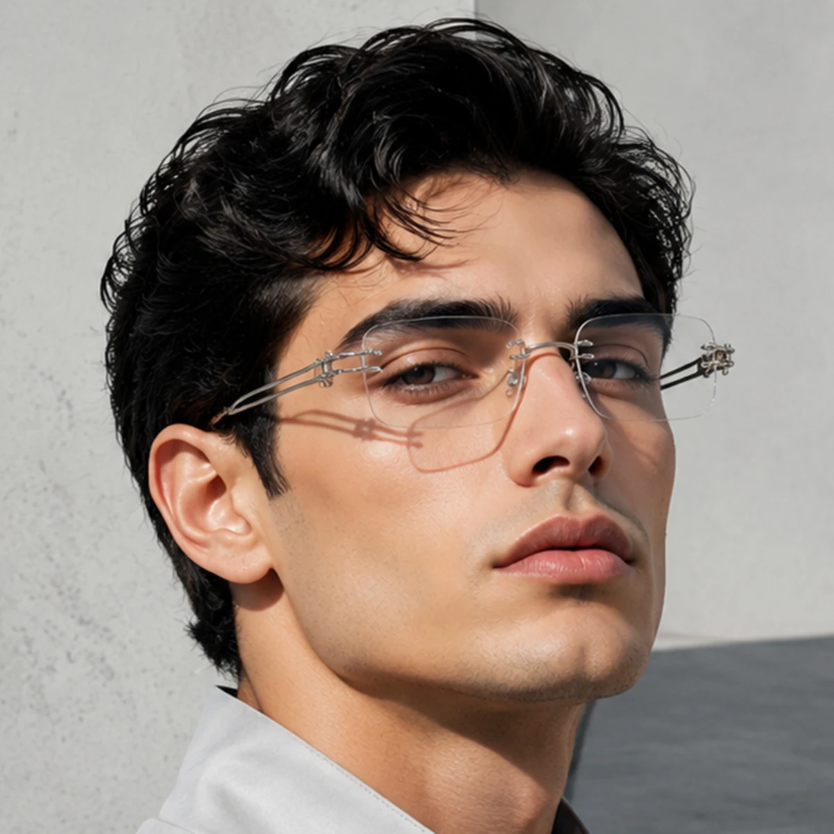 Men'S Fashion Non Prescription Glasses - 1. メンズ用、金属製のくり抜き加工が施された、シルバーのフレームレス長方形メガネ。度なし。軽量で高級感があり、大胆でトレンディ、スタイリッシュ、そしてファッショナブルなデザイン。普段使いや友人との集まりに最適。