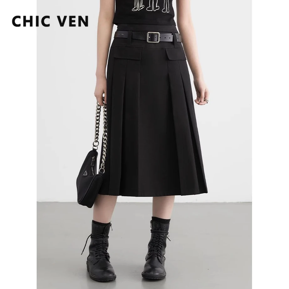 CHIC VEN Women Skirts Black Loose New British H-shaped High Waisted Female Pleated Half A-line Long Skirt Spring Summer 2024