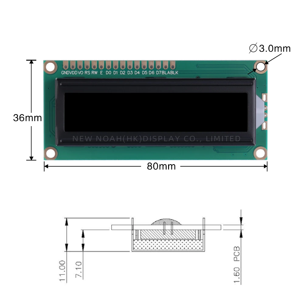 Btnイエロードットマトリックス文字LCDモジュール、ブラックフィルム、1602a、02x16、16ピン、1.5インチ、16x2