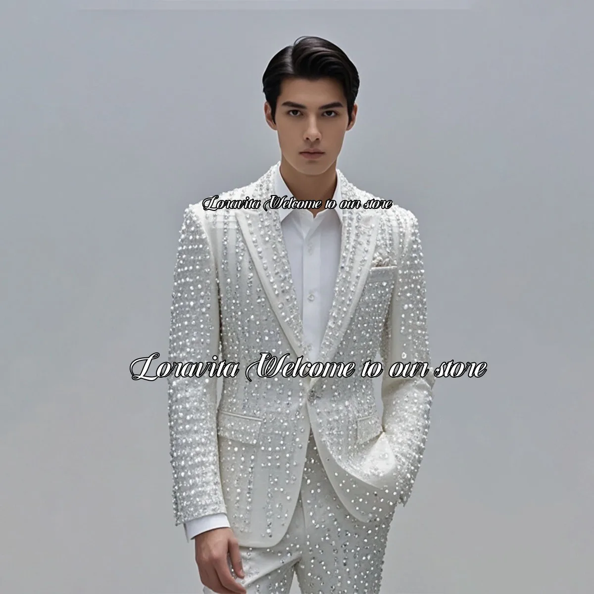 Sparkly Beaded Crystals Men Suits Luxury Peaked Lapel Wedding Groom Tuxedos 2 Pieces Sets Male Prom Blazers trajes para hombre