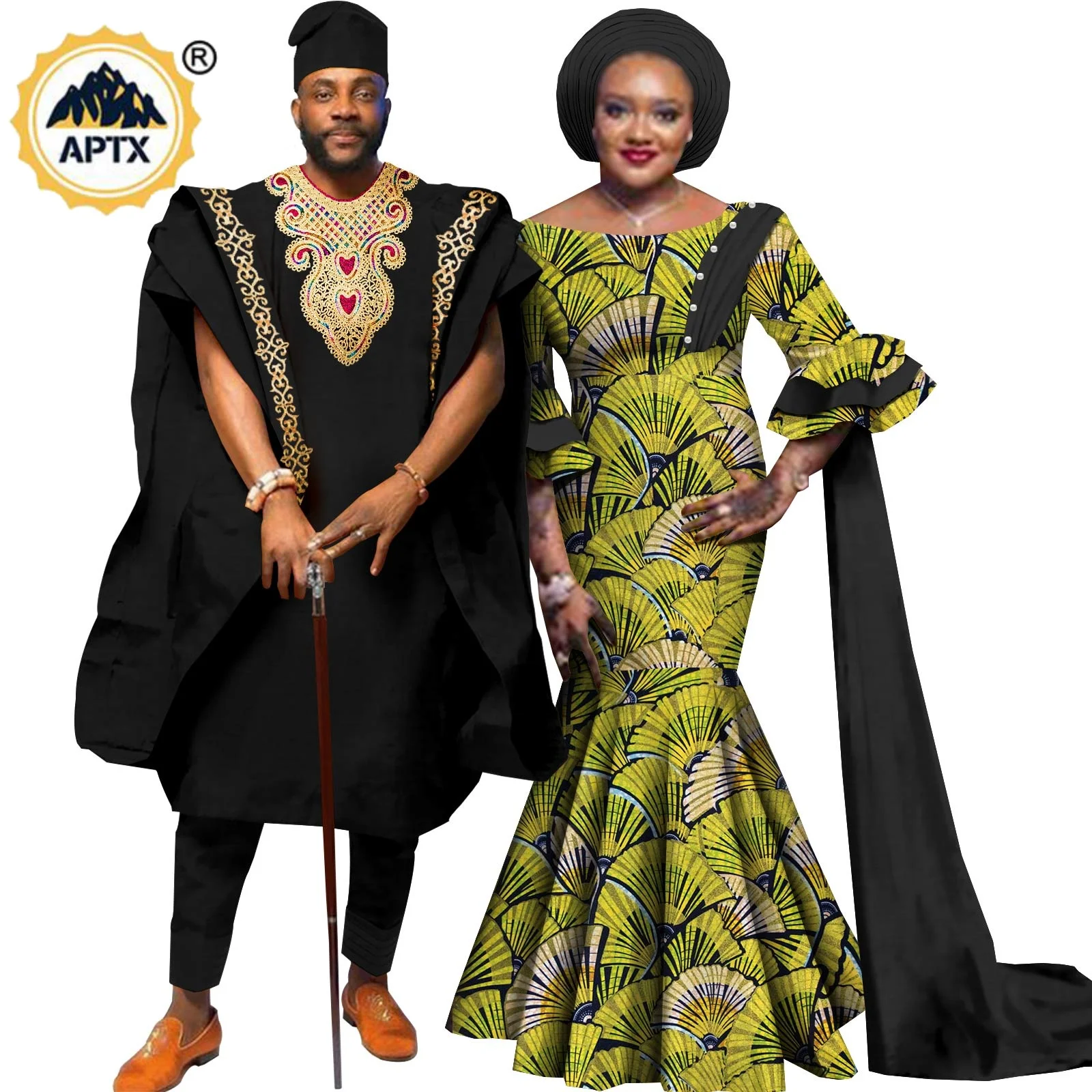 African Couple Clothes Dashiki Women Print Long Dresses with Headwrap Matching Men Outfits Abaya Robe Agbada Bazin RicheY22C079