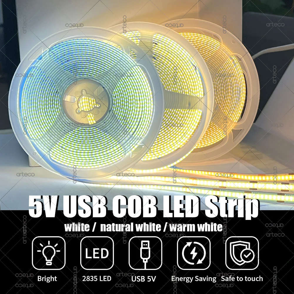 

5V COB LED Strip Ultra Thin 8MM Flexible LED Tape Ribbon COB Led Lights With USB Powered Linear Lighting Room Decoration Lamp