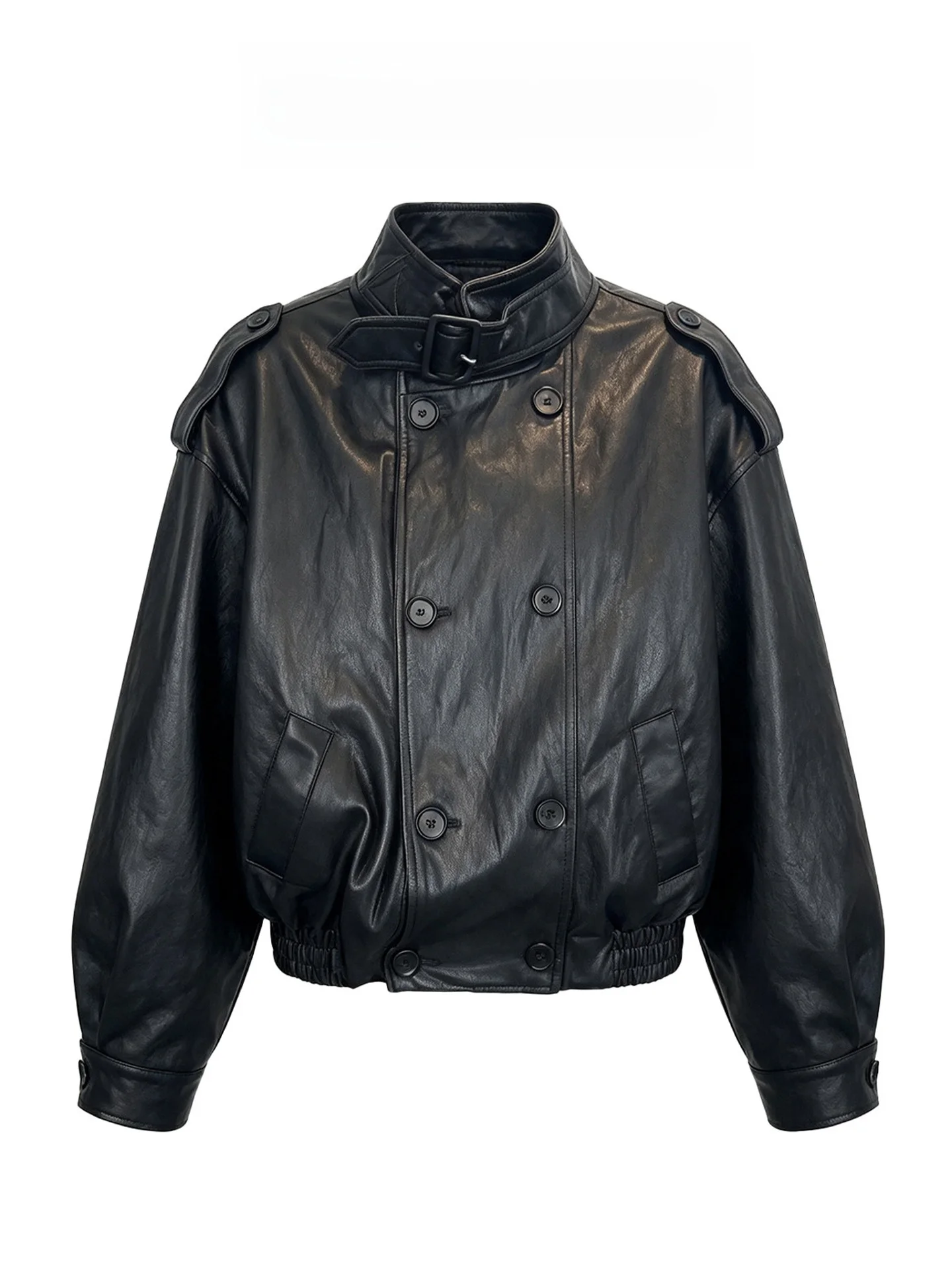Women's Casual Style Loose Fitting Black PU Leather Jacket Stand Collar Biker Coat Warm Short Length Double Button Closure