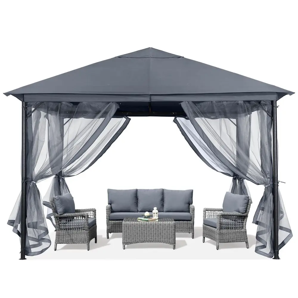 Outdoor Patio Gazebo 11x11 Single Roof Canopy with Mosquito Netting for Backyard, Deck, Garden, Lawn, Dark Gray