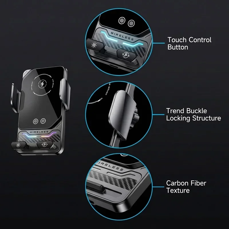15W Kabelloses Ladegerät Universelle Auto-Handyhalterung mit Auto-Sensing RGB-Licht für Samsung S26 iPhone 17 16 15 14 13 12 11 Pro Max – Detail 7