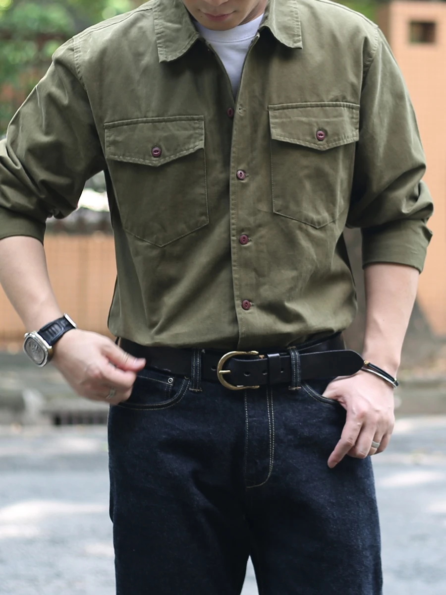 

Heavyweight American Retro Workwear Shirt Men's Long Sleeve Autumn Vintage Thick Pure Cotton Brushed Ame Kaki Shirt