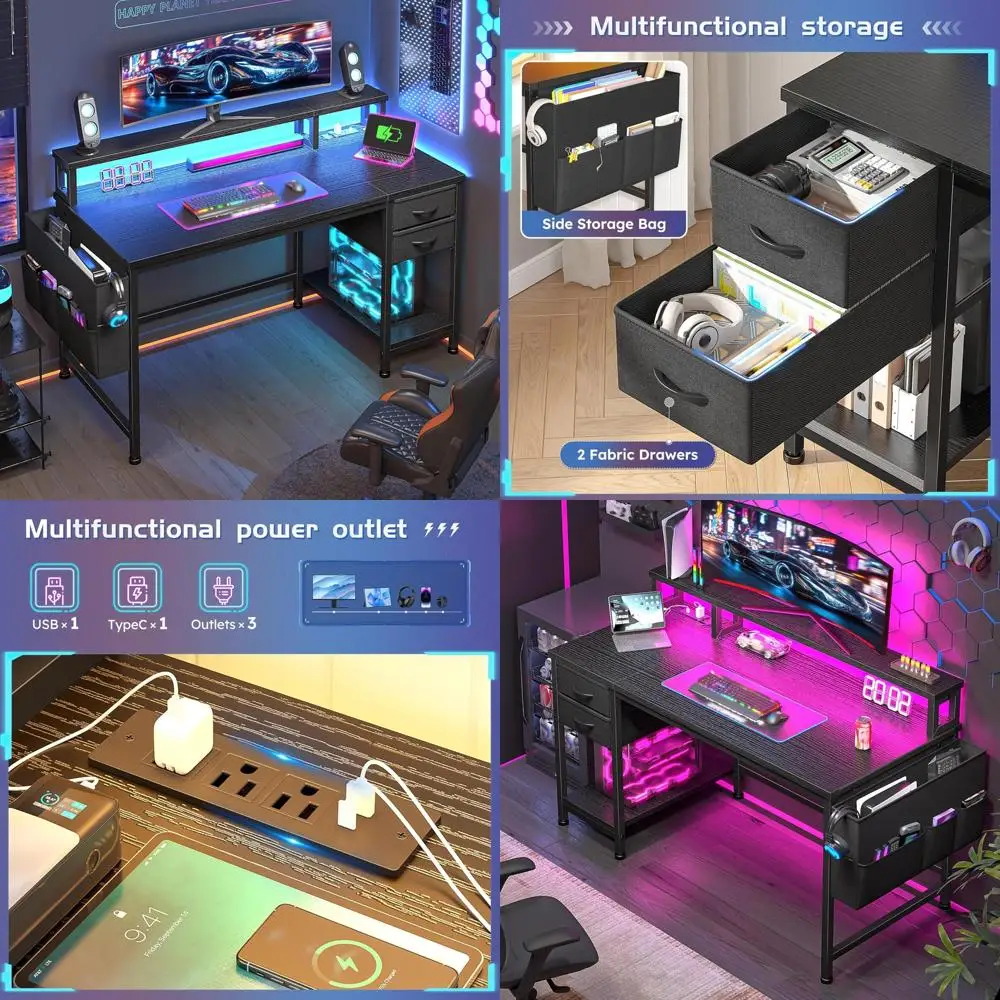 LED-Illuminated Computer Desk with Storage Drawers and Power Outlets, Ergonomic Gaming Desk with Monitor Stand for Home Office U