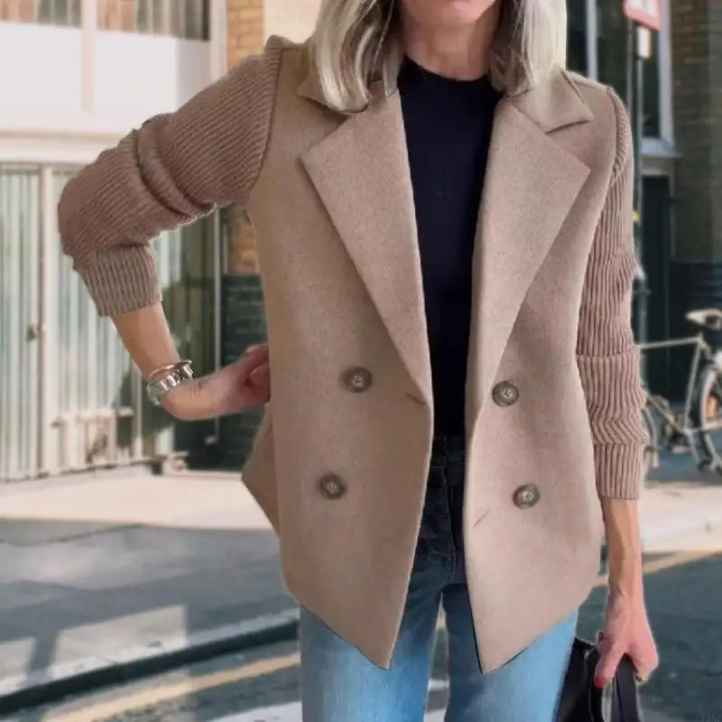 Y3NE Women's Lapel Button Cardigan Coat Casual Patchwork Sleeves Patchwork Business Work Coat
