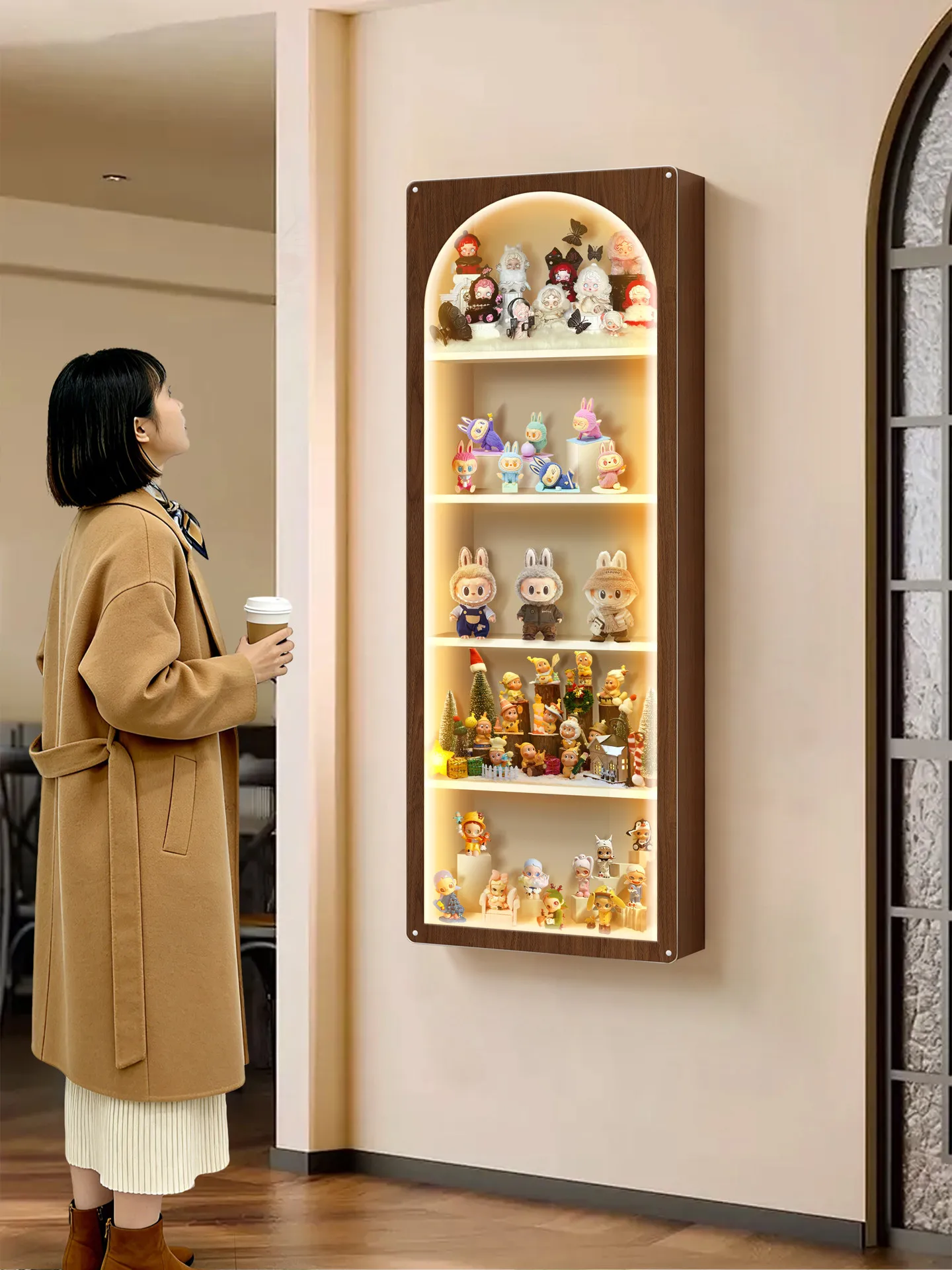 HT Acrylic figurine storage box decorative painting retro style wall-mounted blind box display cabinet largesize shelf dustproof