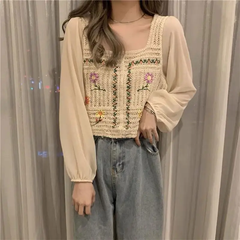 Women Sweet Chiffon Puff Long Sleeve Shirt Square Neck Floral Embroidery Crochet Knit Blouse French Style Retro Casual Loose