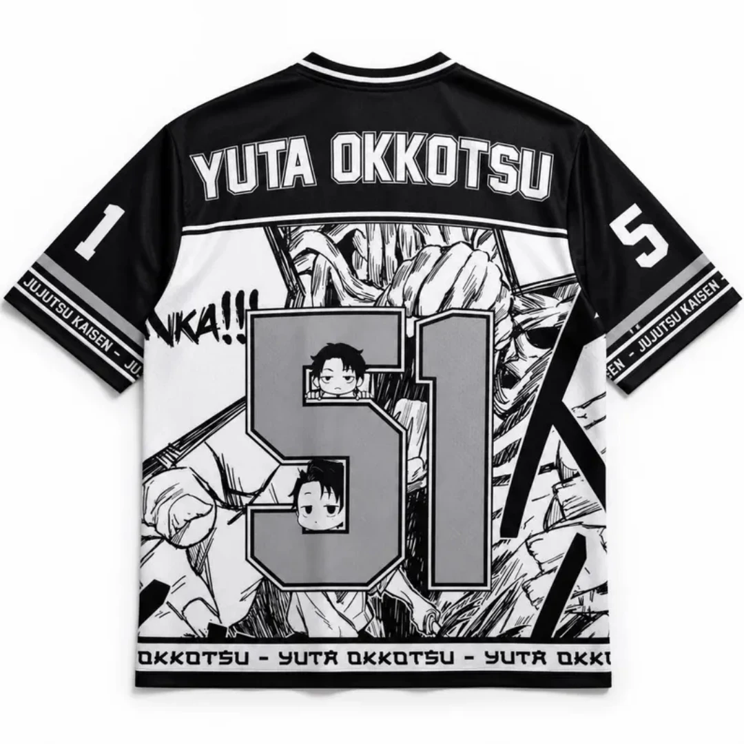 Jutsu Back Yuta Okkotsu V-neck Mesh Anime Manga Panel Black and White Manga Art Pattern Sports Loose Casual T-shirt
