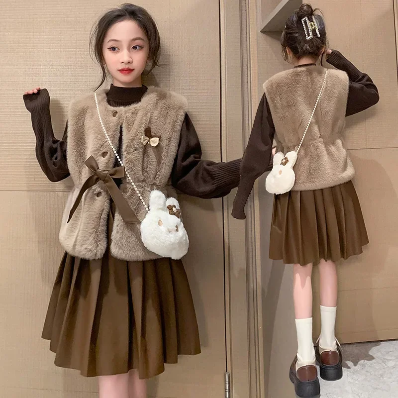 Korean Winter School Girl 3-Piece Suit Teenager Girl Kintwears Top+thicken Anti Fur Vest+Pleated Skirt Sets For Girls 4-12Years