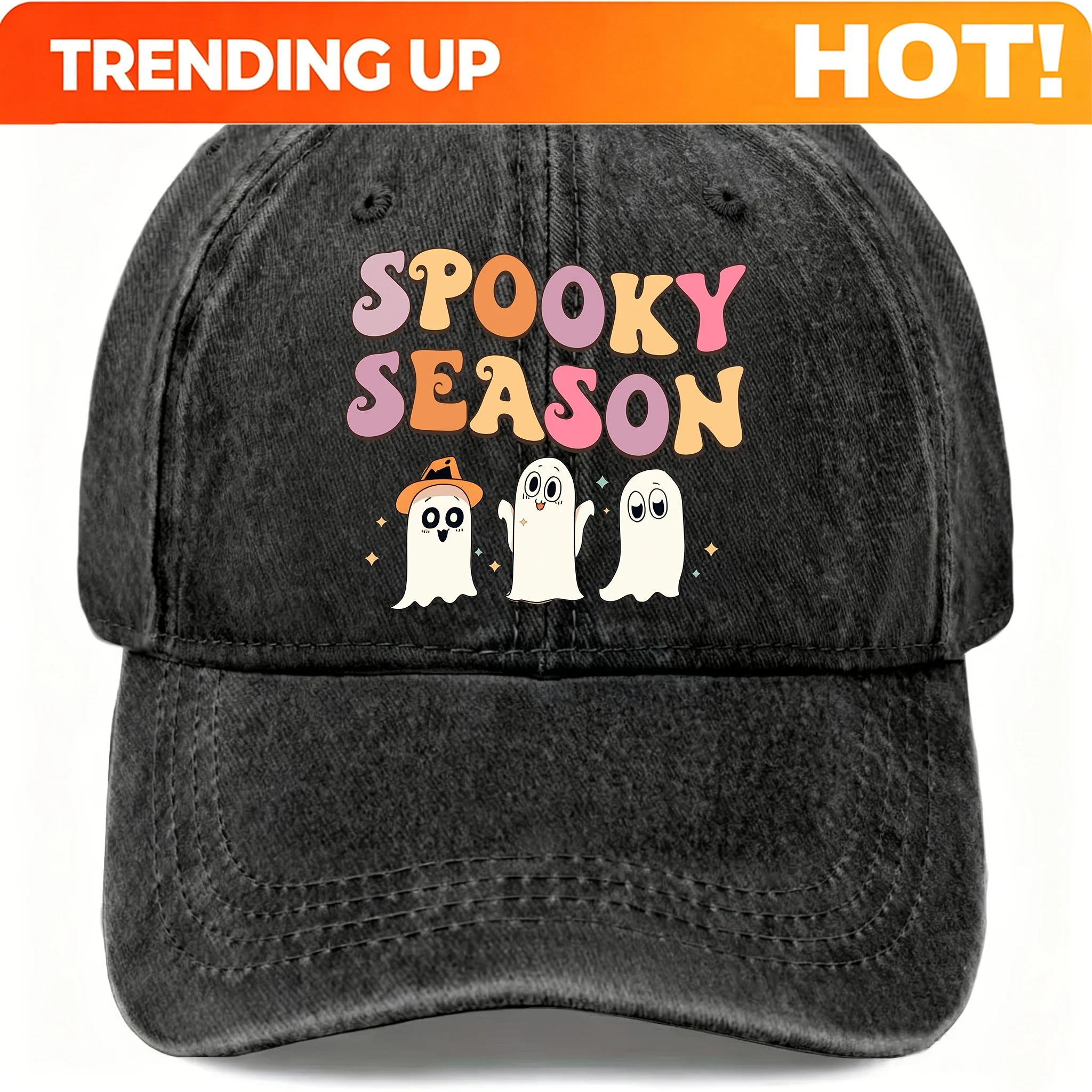 Custom Retro Cute Ghost Washed Cap For Men And Women, Adjustable, Fashionable Street Style, Halloween Novelty Casual Sports Base