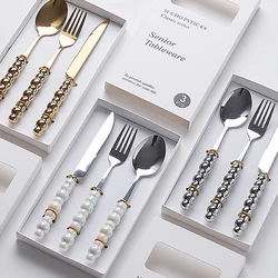 3/5 Pcs Ceramic Handle Knife Fork Spoon Set Stainless Steel Cutlery Set Western Knife Gift Box Household Kitchen Supplies