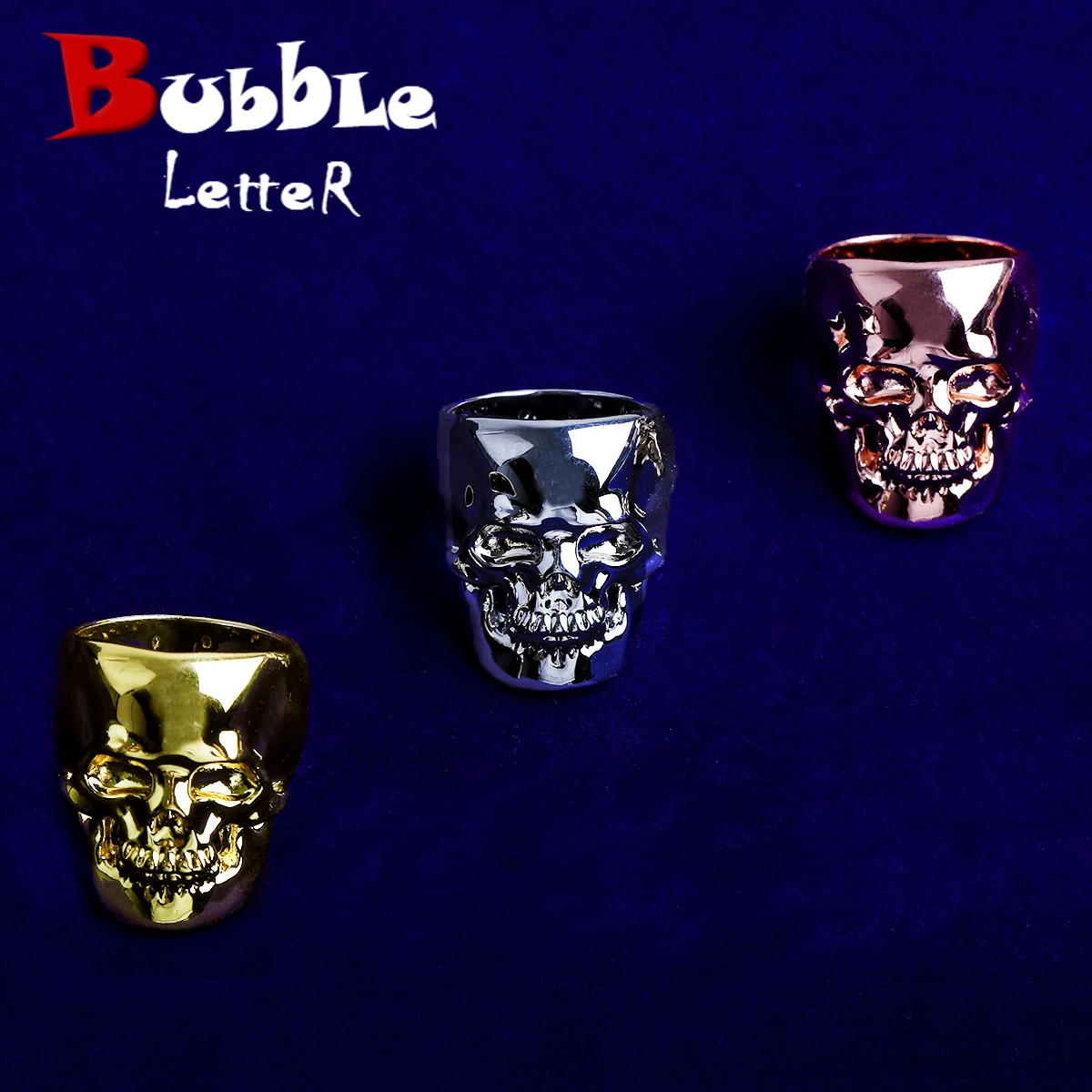 Bubble Letter Skull Ring for Men Real Copper Gold Plated Hip Hop Jewelry