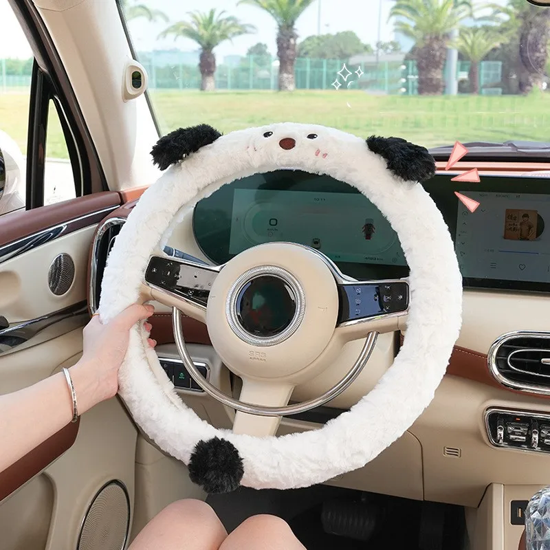 

New Cartoon Dog Car Steering Wheel Cover Plush Cute Animal Car Handle Cover Antiskid Car Accessories Interior Woman Decorations