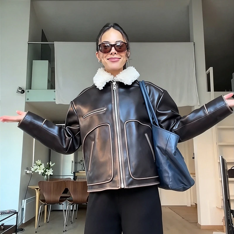 Women Fleece Collar Leather Jacket Contrast Stitching Loose Fit Cropped Coat 2026 New Autumn Casual Street Ladies Outerwear