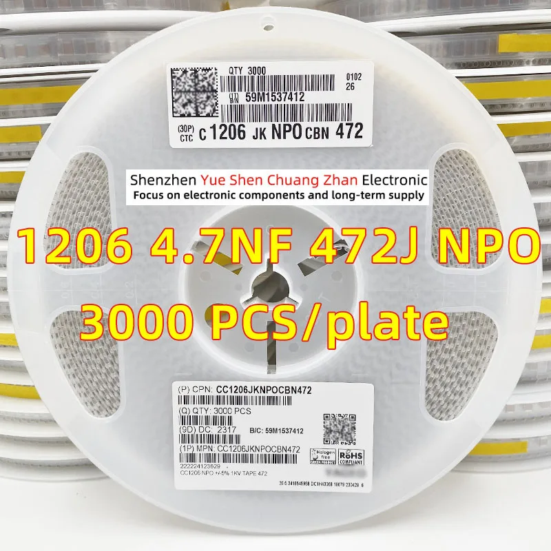 

Patch Capacitor 1206 472J 4.7NF 1000V 1KV Error 5% Material NPO/COG Genuine capacitor（Whole Disk 3000 PCS）