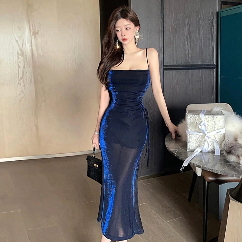 Luxury Shiny Silk Sling Dress Women Sexy Slash Neck Temperament Shirring Split Long Dresses Evening Party Vestidos Ins